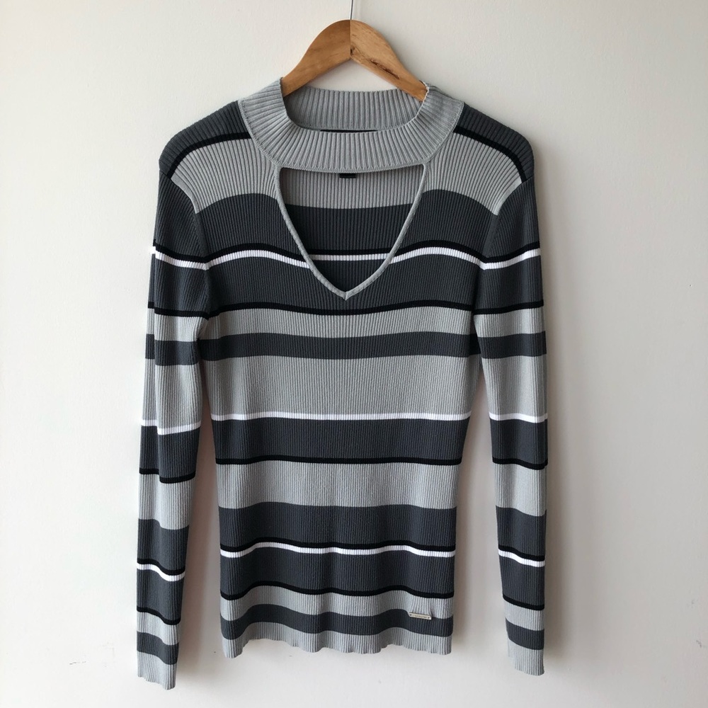 Ex Girlfriend Grey Striped Chocker Neck Sweater